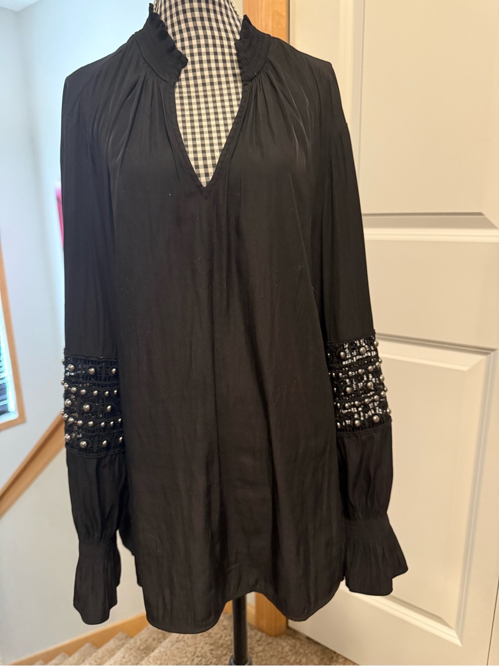 Chico's Black V-Neck Beaded Sleeve Blouse